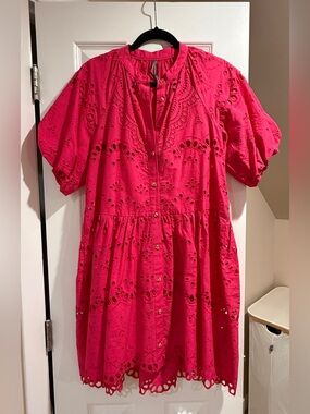 LIKE NEW Anthropologie Bright Pink Eyelet Mini Dress, Size Small